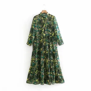 2019 women vintage turn down collar floral print casual long dress female pleated ruffles chiffon vestidos chic dresses DS1909