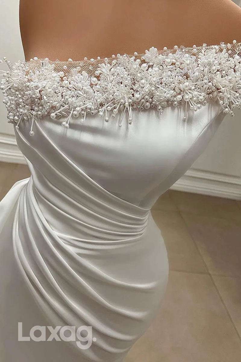 21998 - Unique One Shoulder Pearls Ruched Mermaid Long Formal Prom Dress
