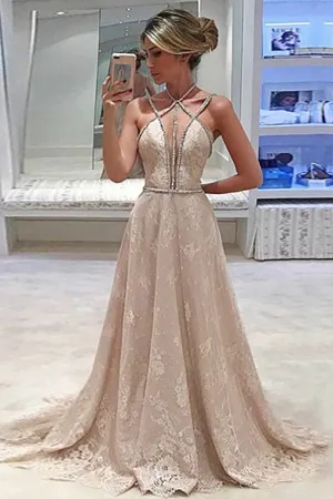 A-Line Cross Neck Sweep Train Criss-Cross Straps Champagne Lace Beaded Prom Dress LRA430