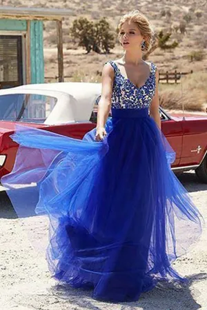 A-Line Deep V-Neck Sweep Train Royal Blue Tulle Prom Dress with Appliques Ruffles LRA315