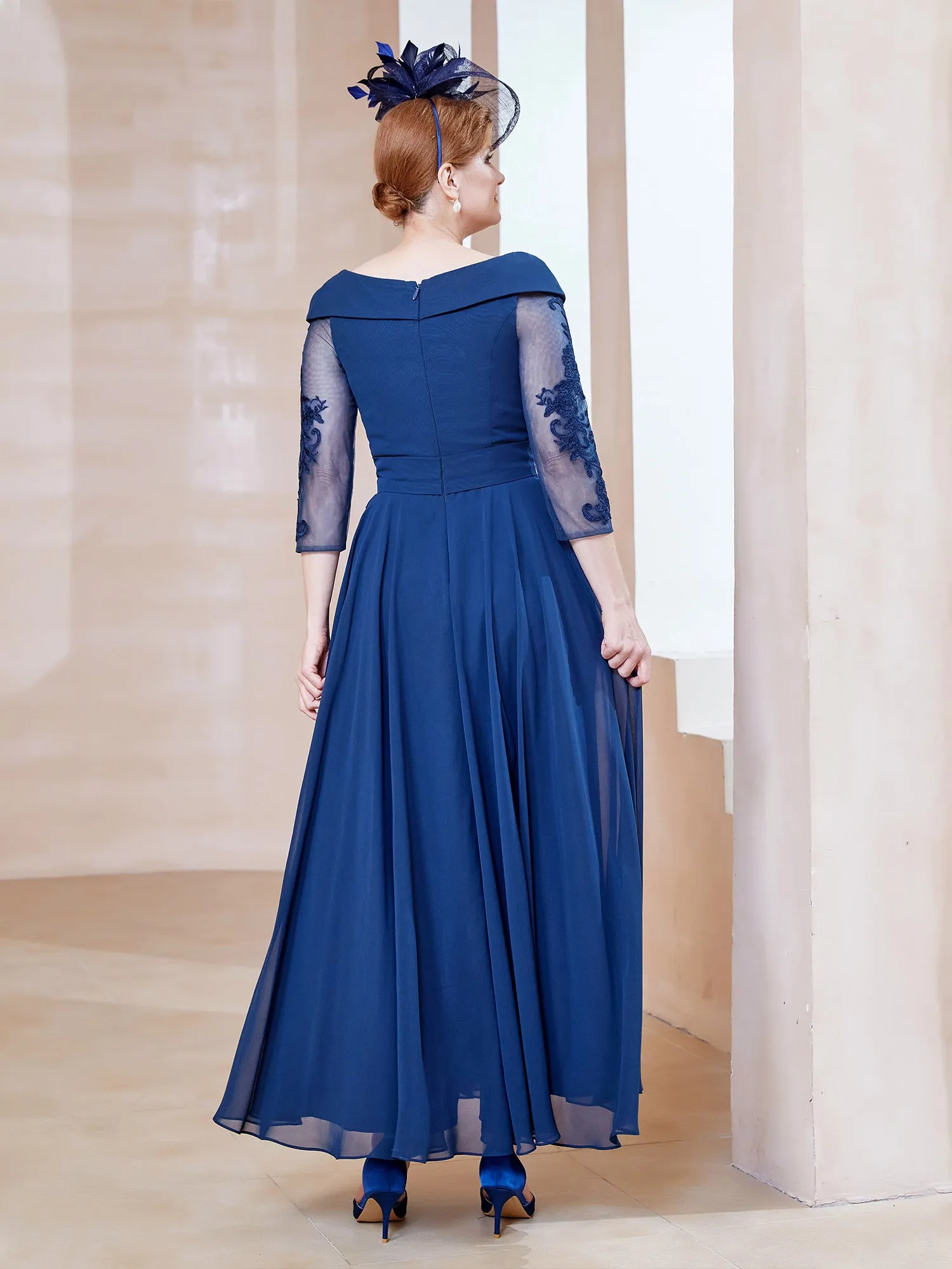 A-line V-neck Appliqued Chiffon Dress Navy Blue