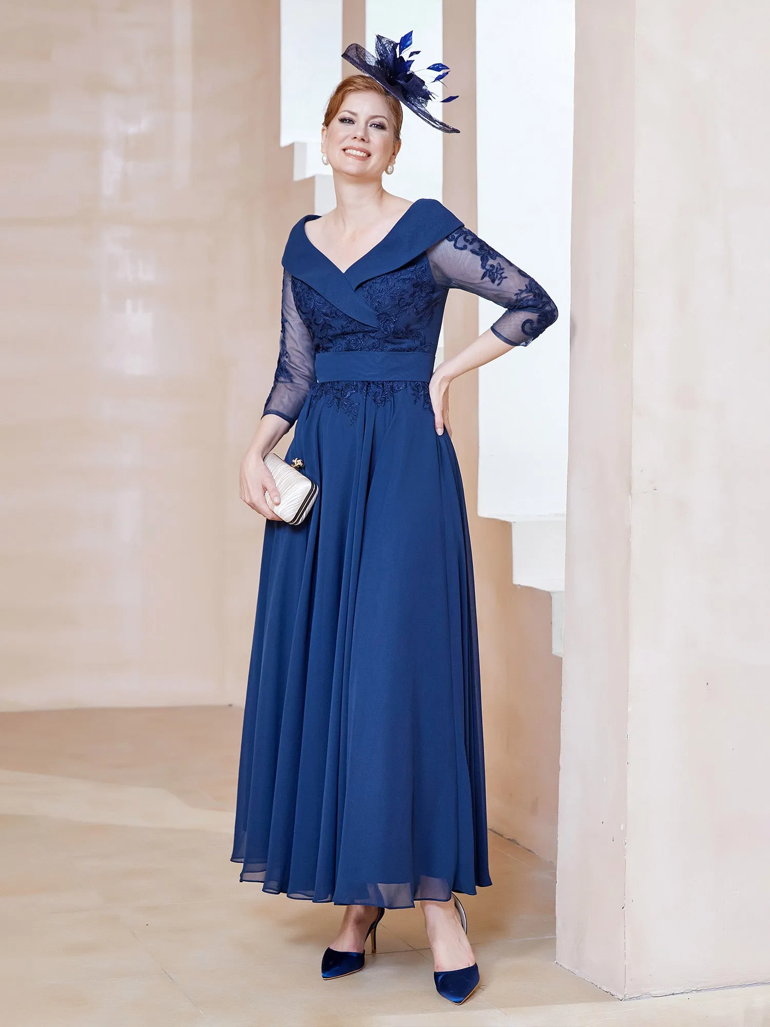 A-line V-neck Appliqued Chiffon Dress Navy Blue