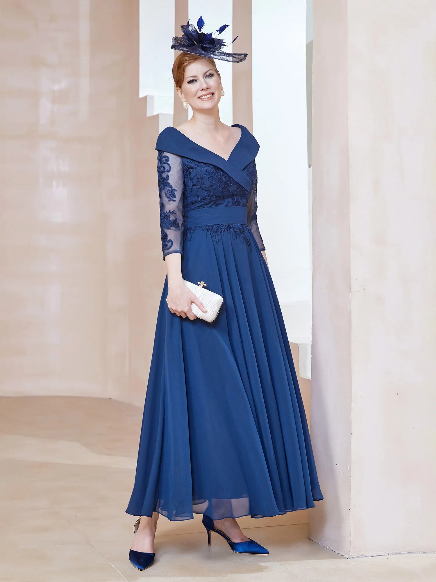 A-line V-neck Appliqued Chiffon Dress Navy Blue