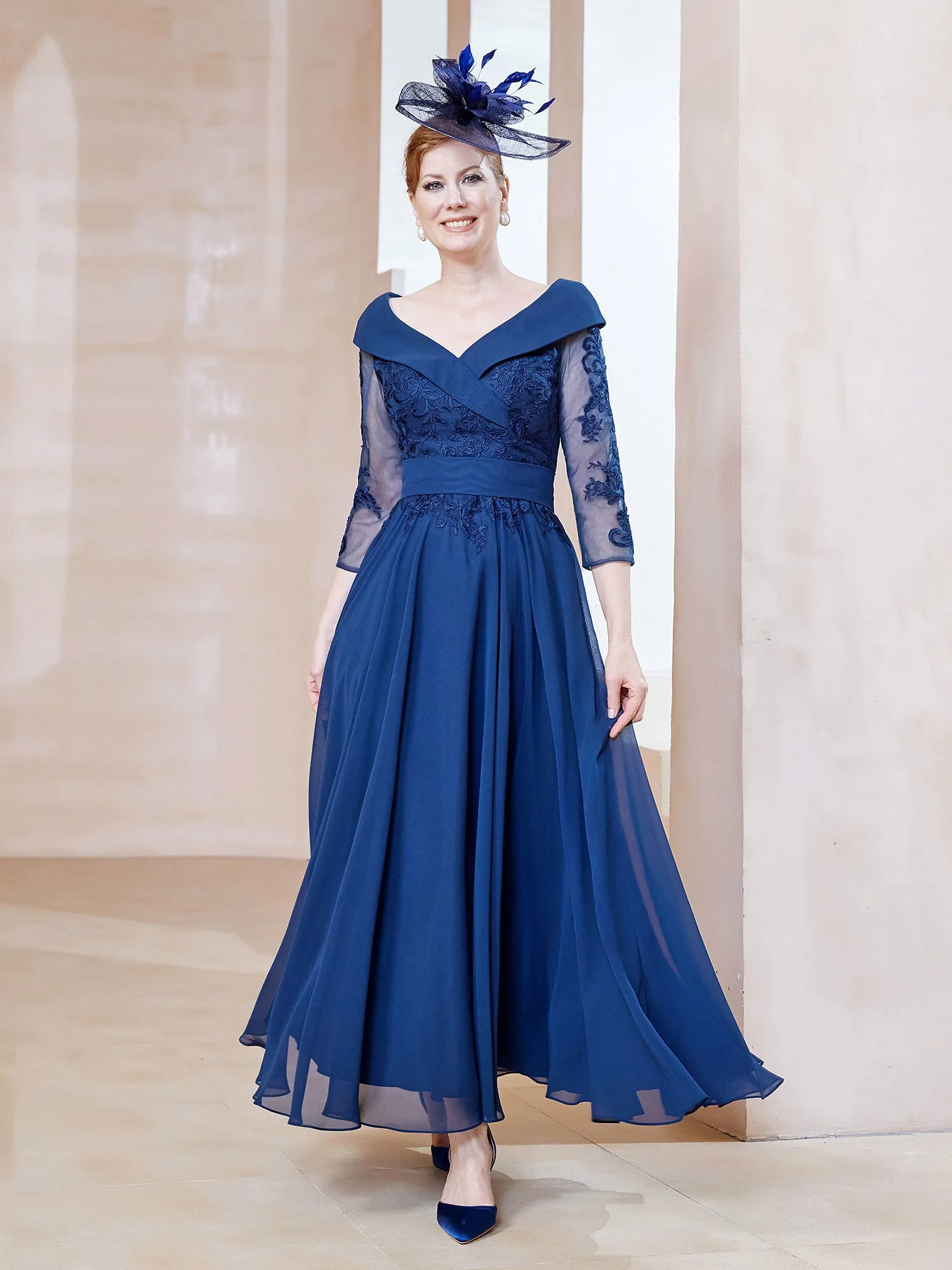 A-line V-neck Appliqued Chiffon Dress Navy Blue