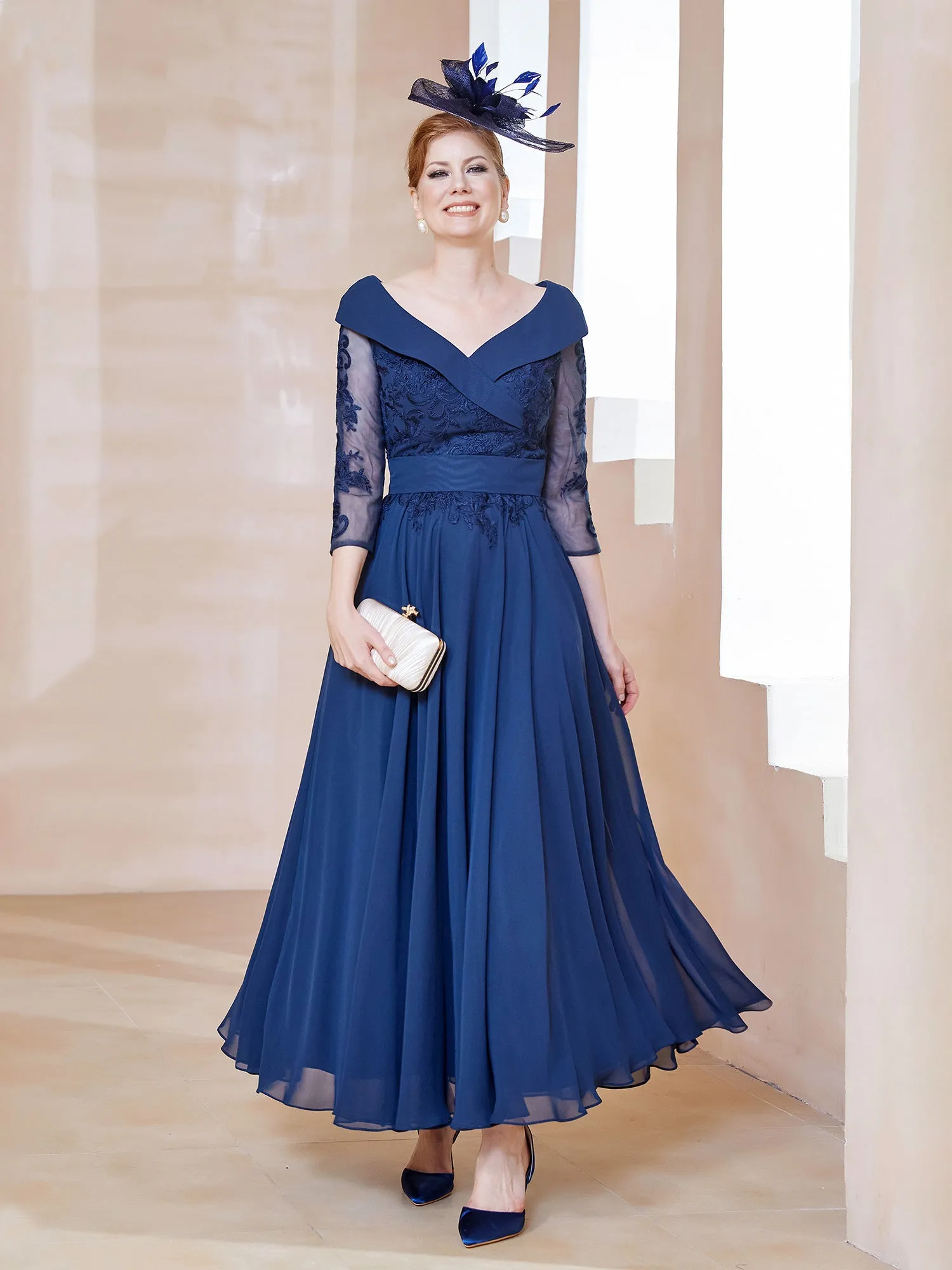 A-line V-neck Appliqued Chiffon Dress Navy Blue
