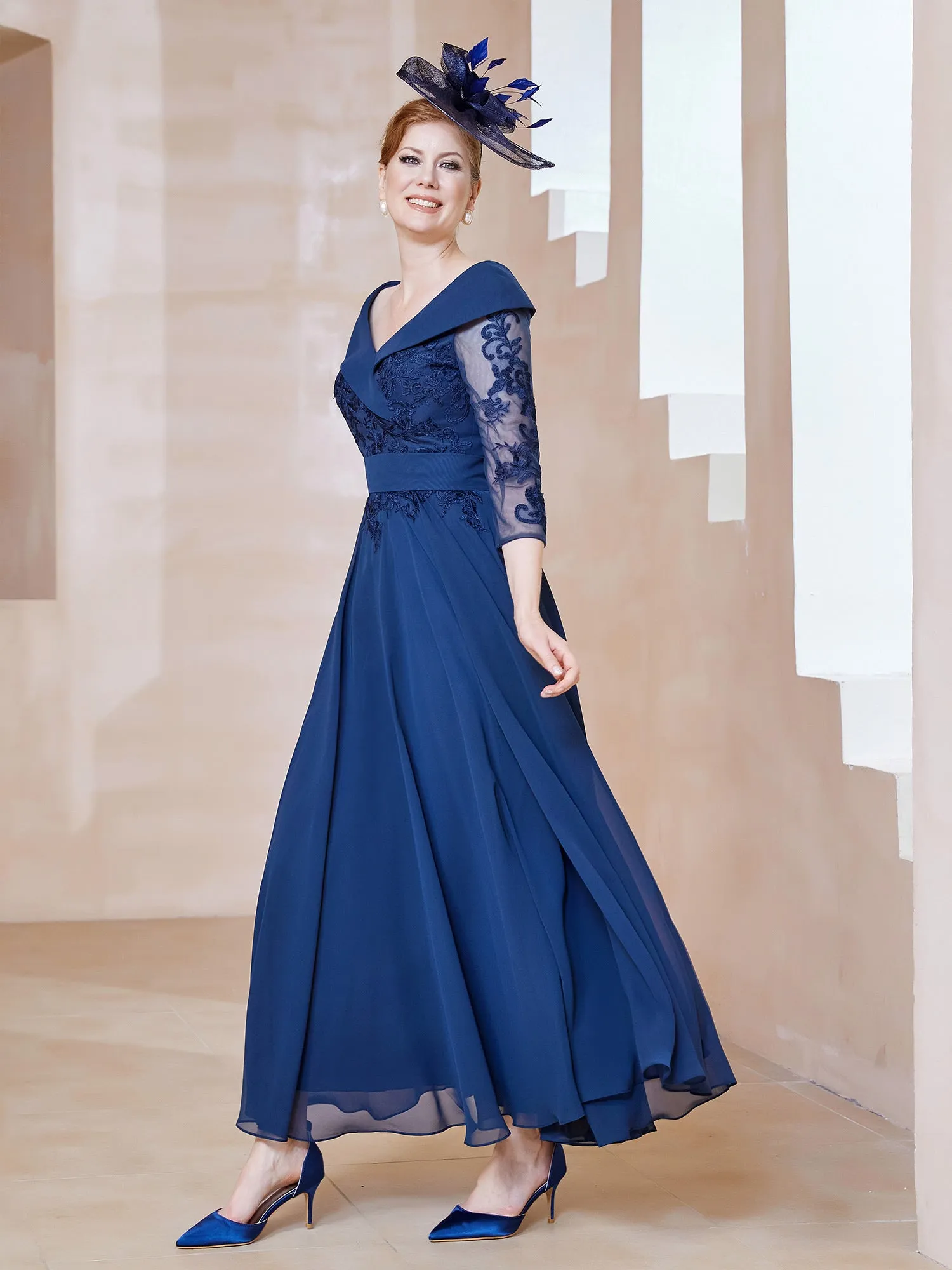 A-line V-neck Appliqued Chiffon Dress Navy Blue