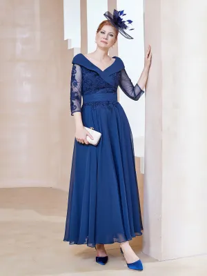 A-line V-neck Appliqued Chiffon Dress Navy Blue