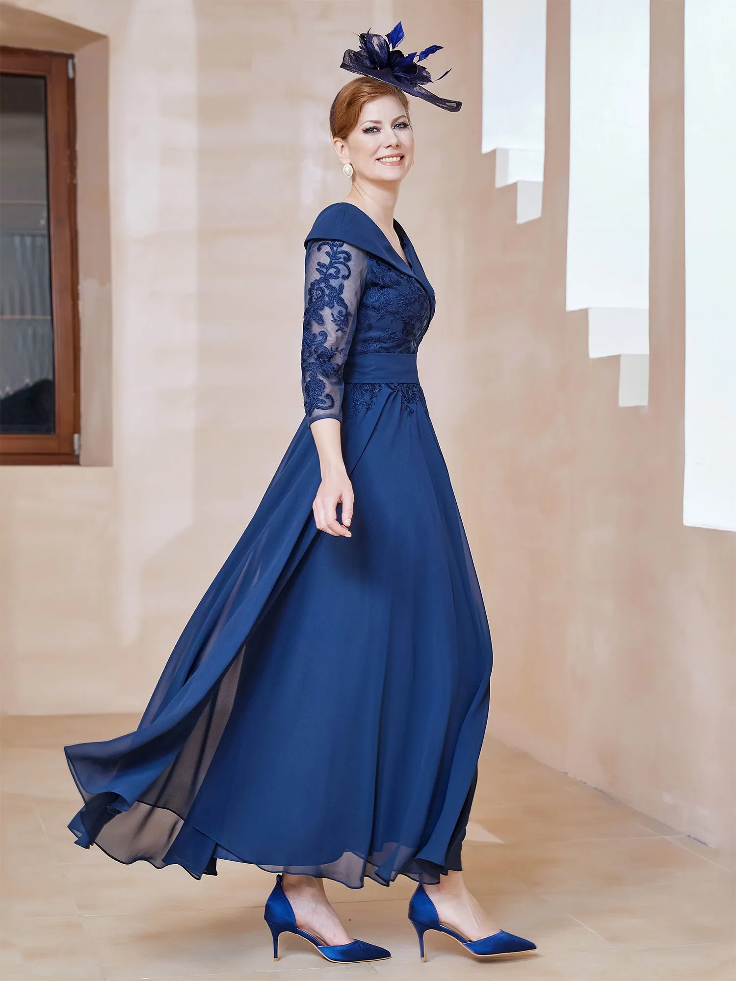 A-line V-neck Appliqued Chiffon Dress Navy Blue