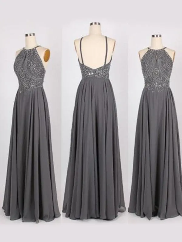 A-Line/Elegant Halter Sleeveless Beading Chiffon Prom Dresses