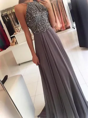 A-Line/Elegant Halter Sleeveless Beading Chiffon Prom Dresses