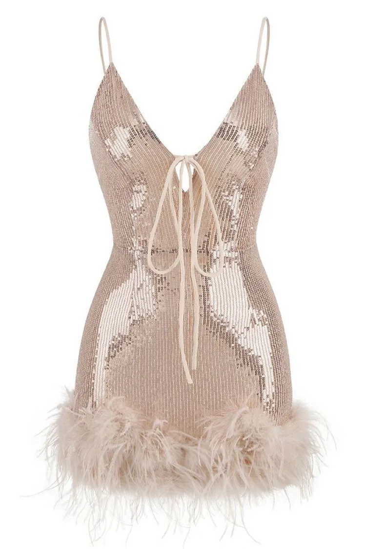 Amozae-hoco dresses -Sparkly Halter Neck Spaghetti Strap Feather Trim Sequin Party Mini Dress - Pink