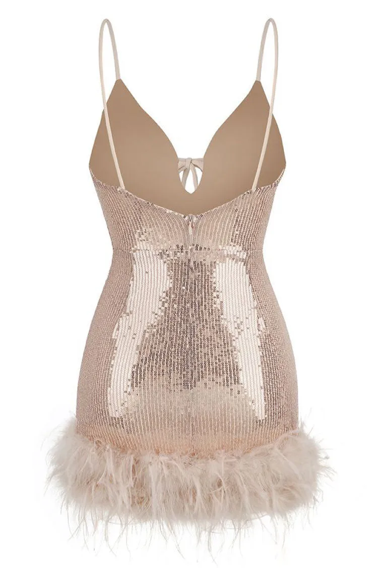 Amozae-hoco dresses -Sparkly Halter Neck Spaghetti Strap Feather Trim Sequin Party Mini Dress - Pink
