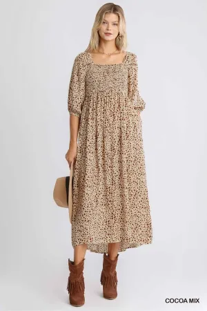 Animal Print Square Neckline Half Sleeve Smocked Maxi Dress