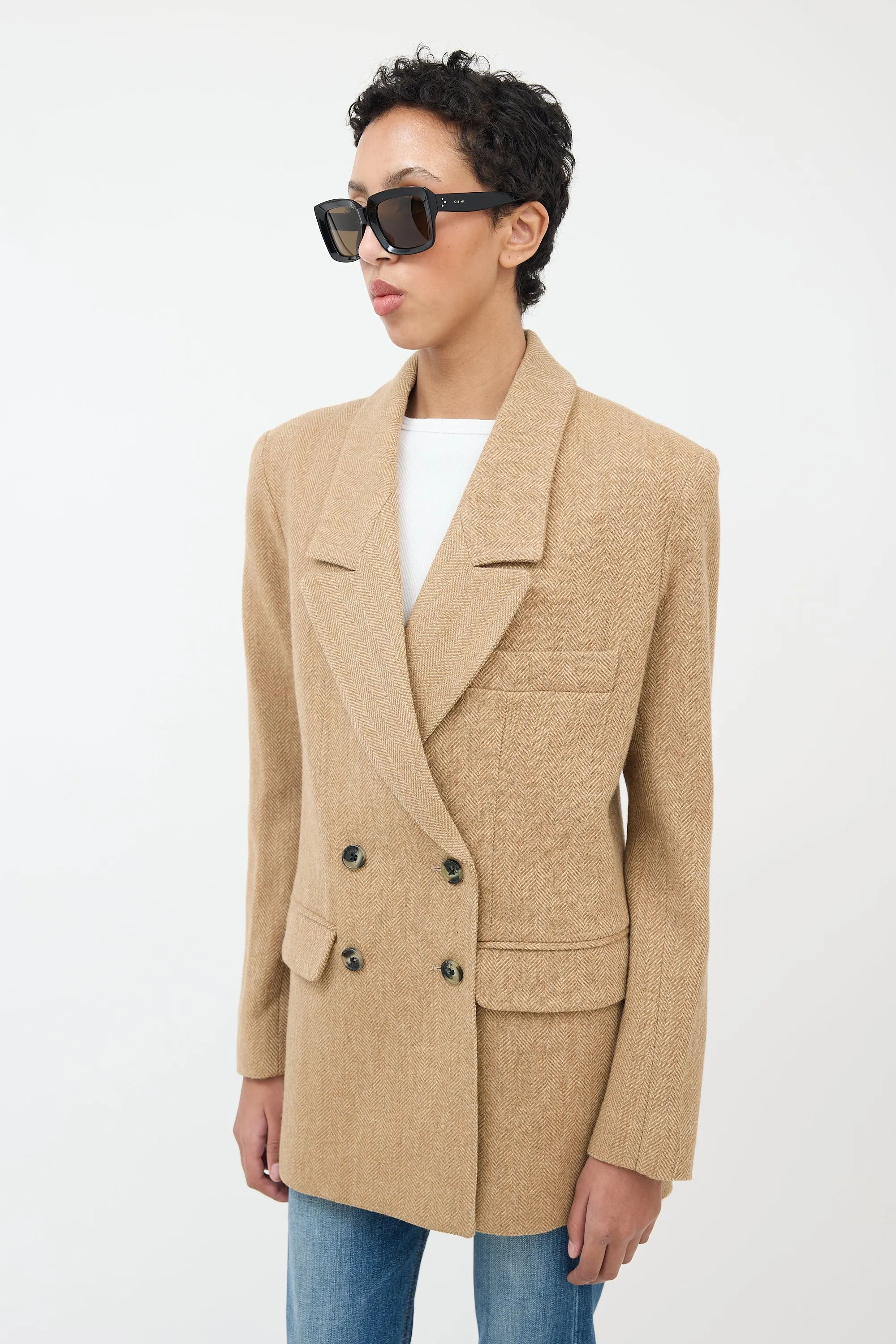 Beige Wool Herringbone Blazer
