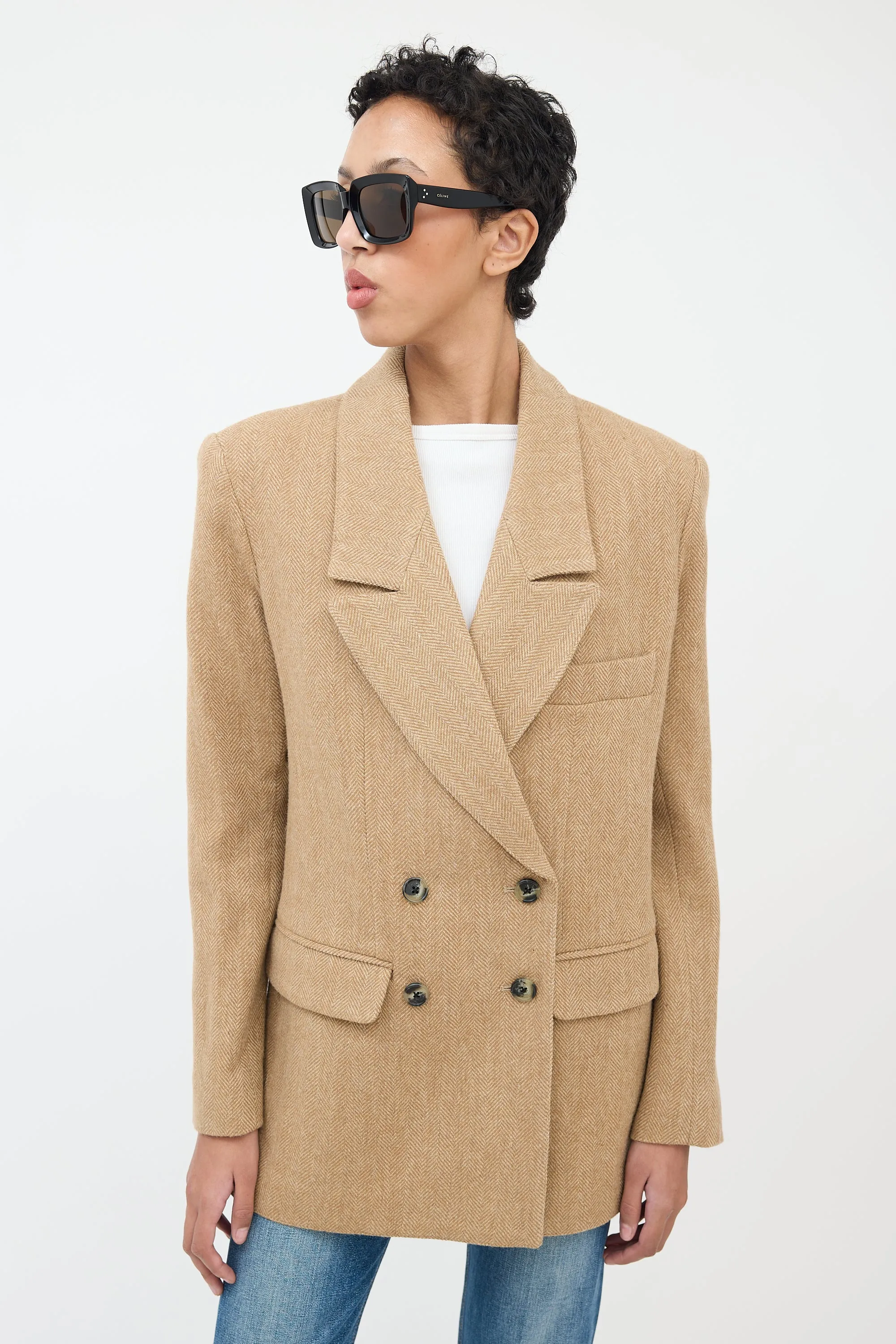 Beige Wool Herringbone Blazer