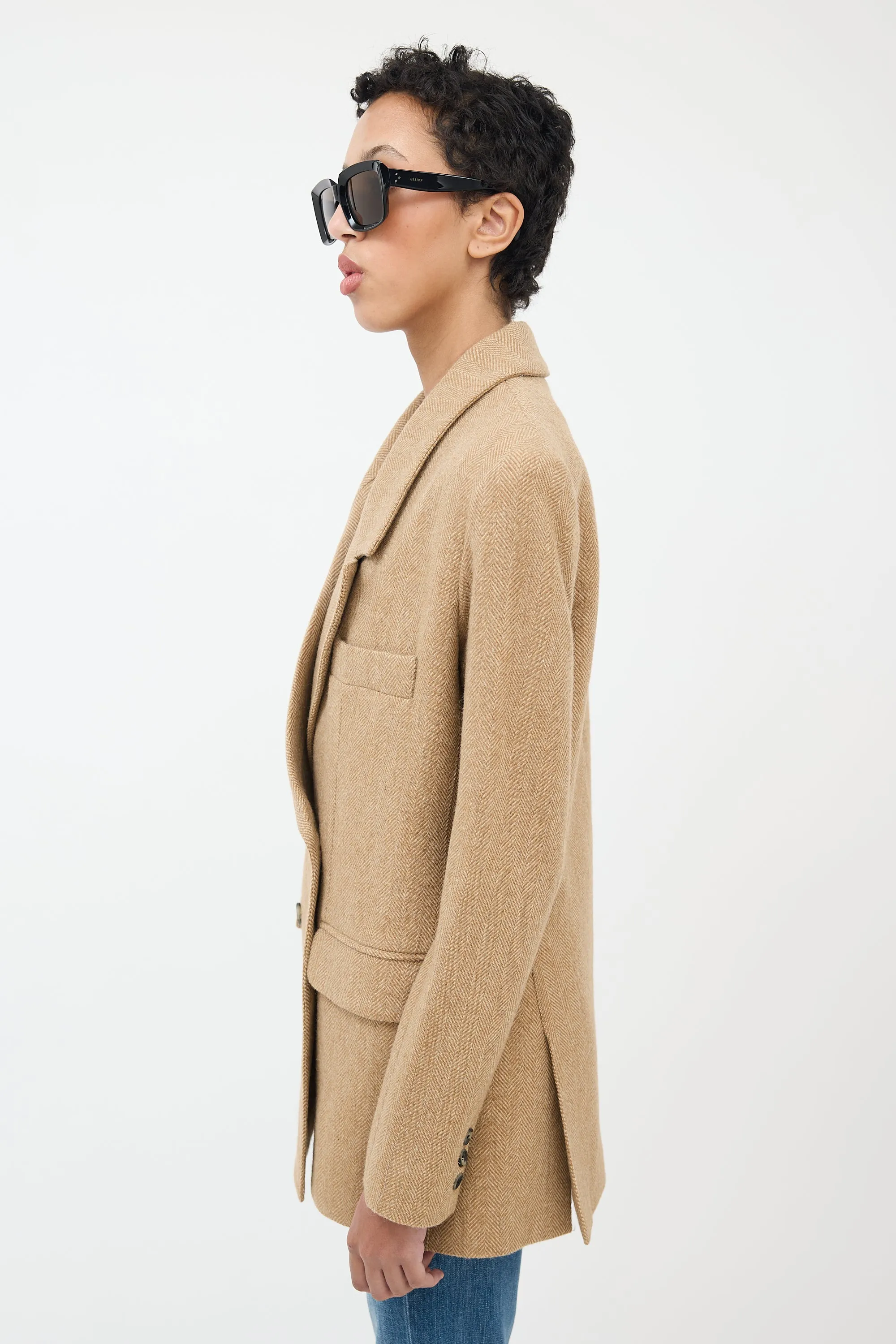 Beige Wool Herringbone Blazer
