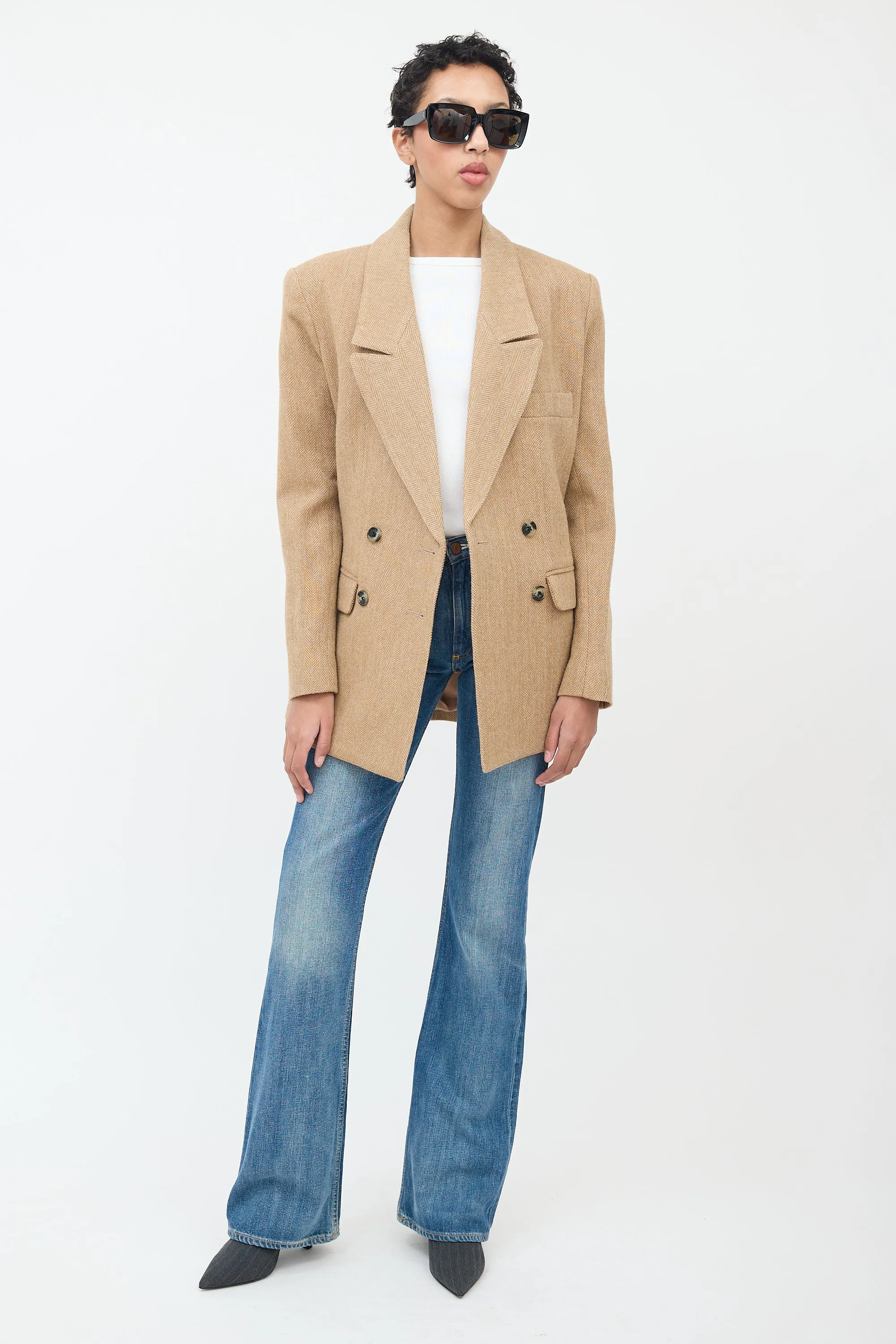 Beige Wool Herringbone Blazer