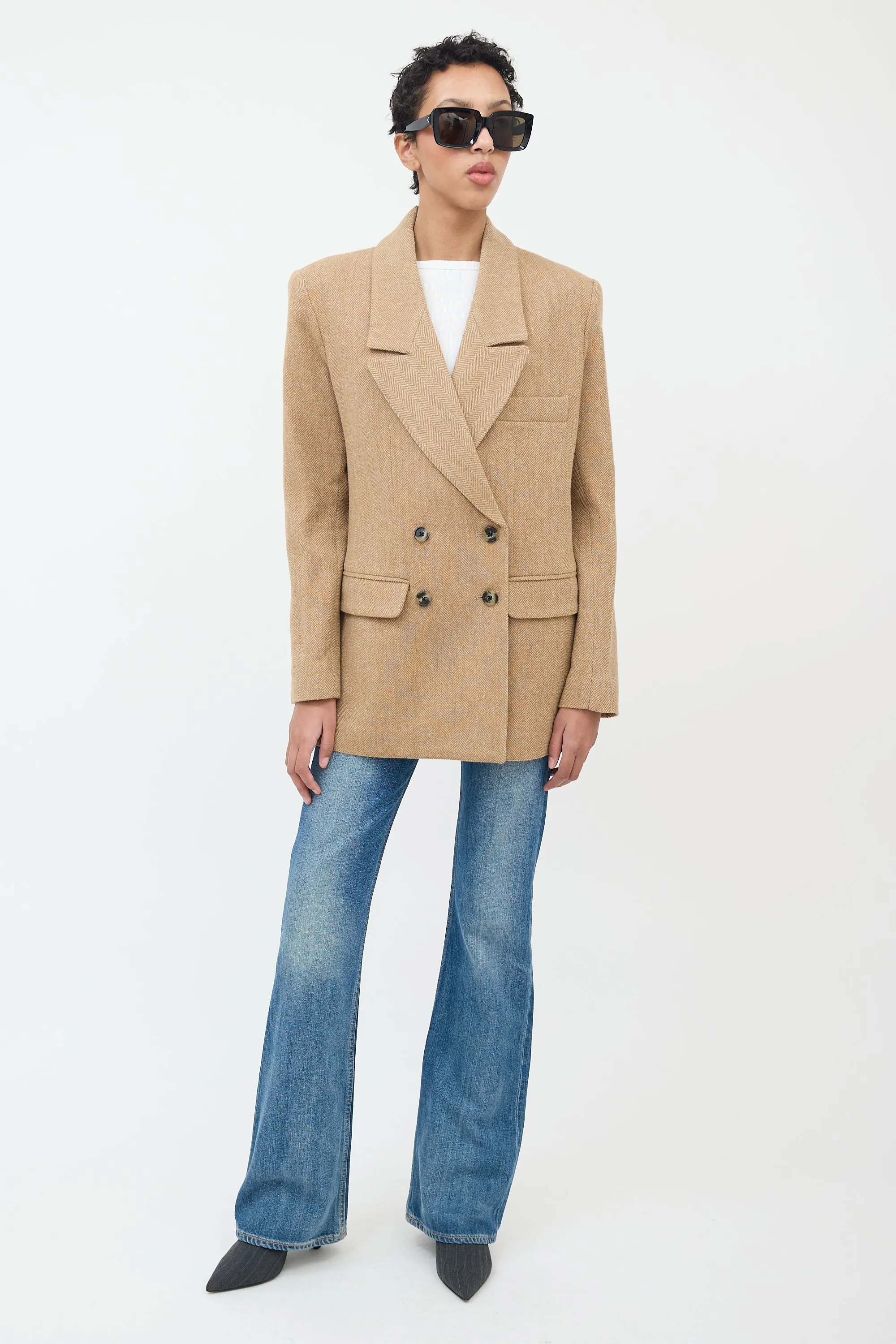 Beige Wool Herringbone Blazer