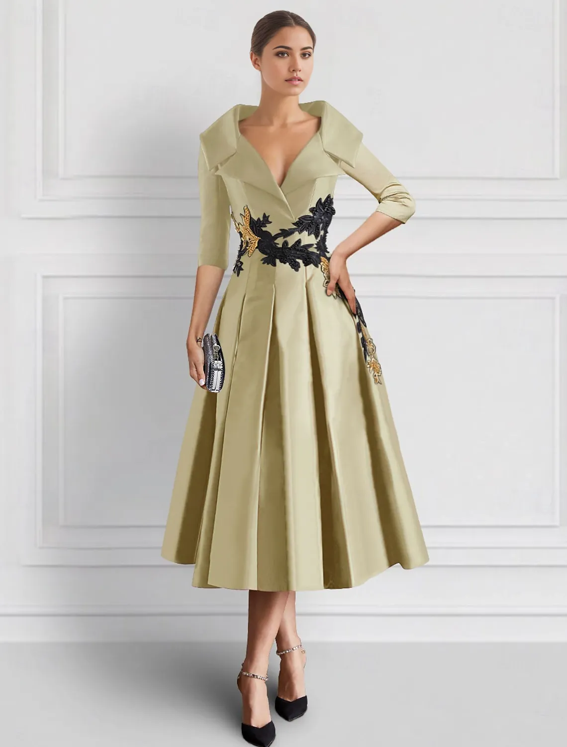 Black Purple Embroidered A-Line Cocktail Dresses Mother of Bride Elegant Formal Ankle Length 3/4 Length Sleeve Shirt Collar Pocket Satin with Appliques