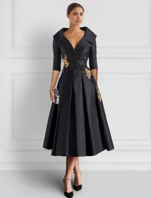 Black Purple Embroidered A-Line Cocktail Dresses Mother of Bride Elegant Formal Ankle Length 3/4 Length Sleeve Shirt Collar Pocket Satin with Appliques