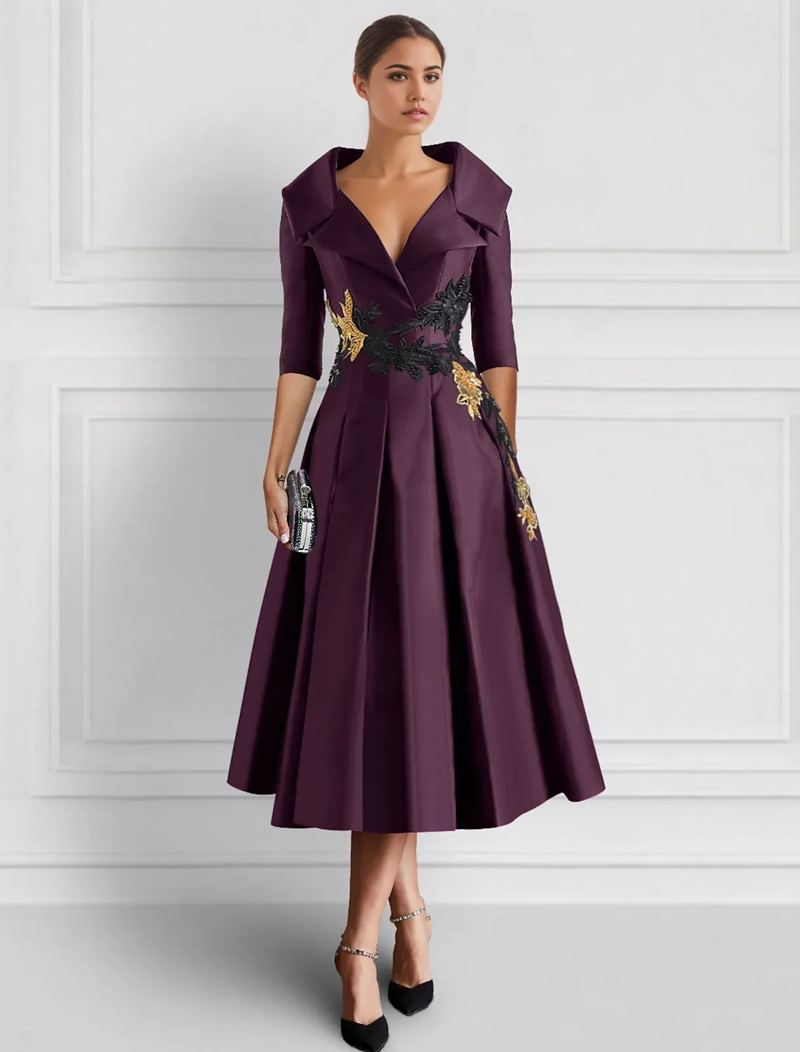 Black Purple Embroidered A-Line Cocktail Dresses Mother of Bride Elegant Formal Ankle Length 3/4 Length Sleeve Shirt Collar Pocket Satin with Appliques