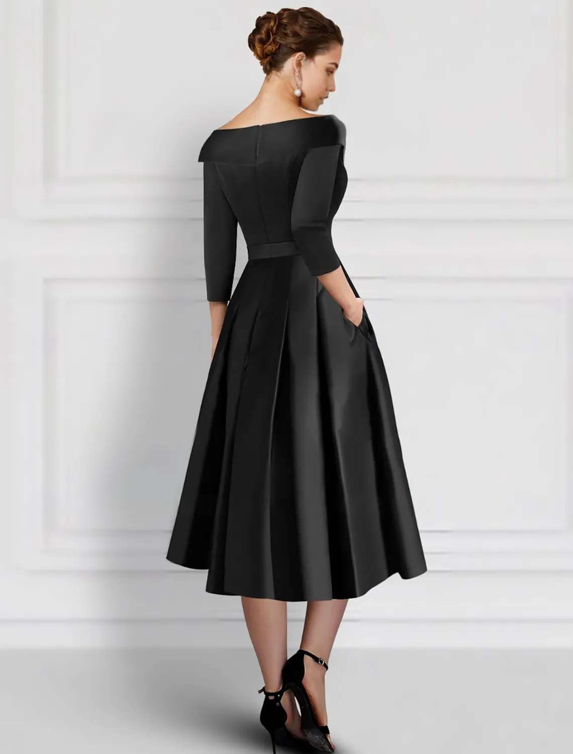 Black Purple Embroidered A-Line Cocktail Dresses Mother of Bride Elegant Formal Ankle Length 3/4 Length Sleeve Shirt Collar Pocket Satin with Appliques
