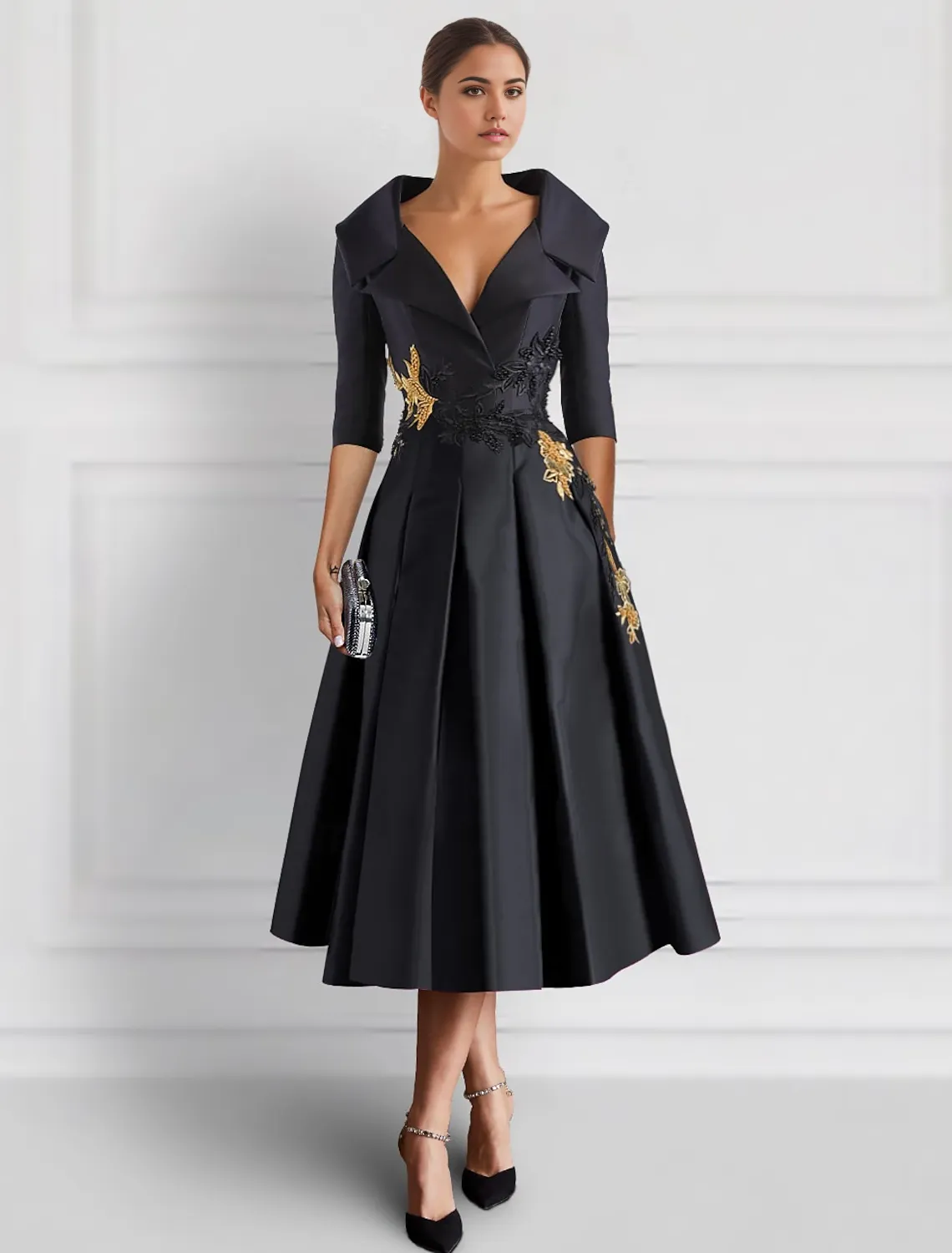 Black Purple Embroidered A-Line Cocktail Dresses Mother of Bride Elegant Formal Ankle Length 3/4 Length Sleeve Shirt Collar Pocket Satin with Appliques