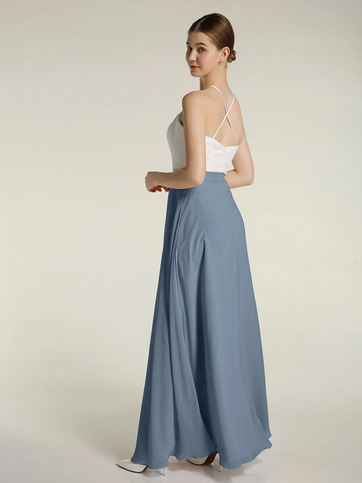 Chiffon Long Dresses with Ivory Lace Bodice-Dusty Blue