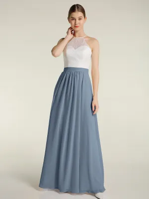 Chiffon Long Dresses with Ivory Lace Bodice-Dusty Blue