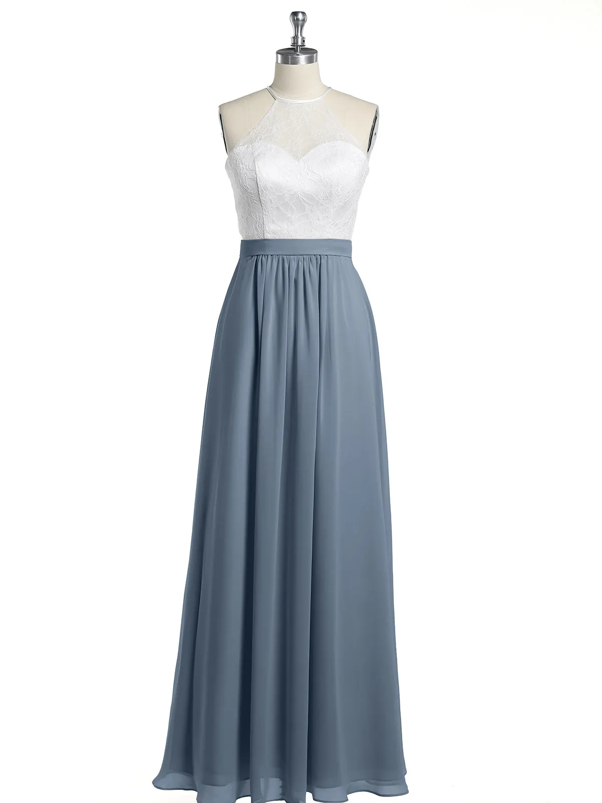 Chiffon Long Dresses with Ivory Lace Bodice-Dusty Blue