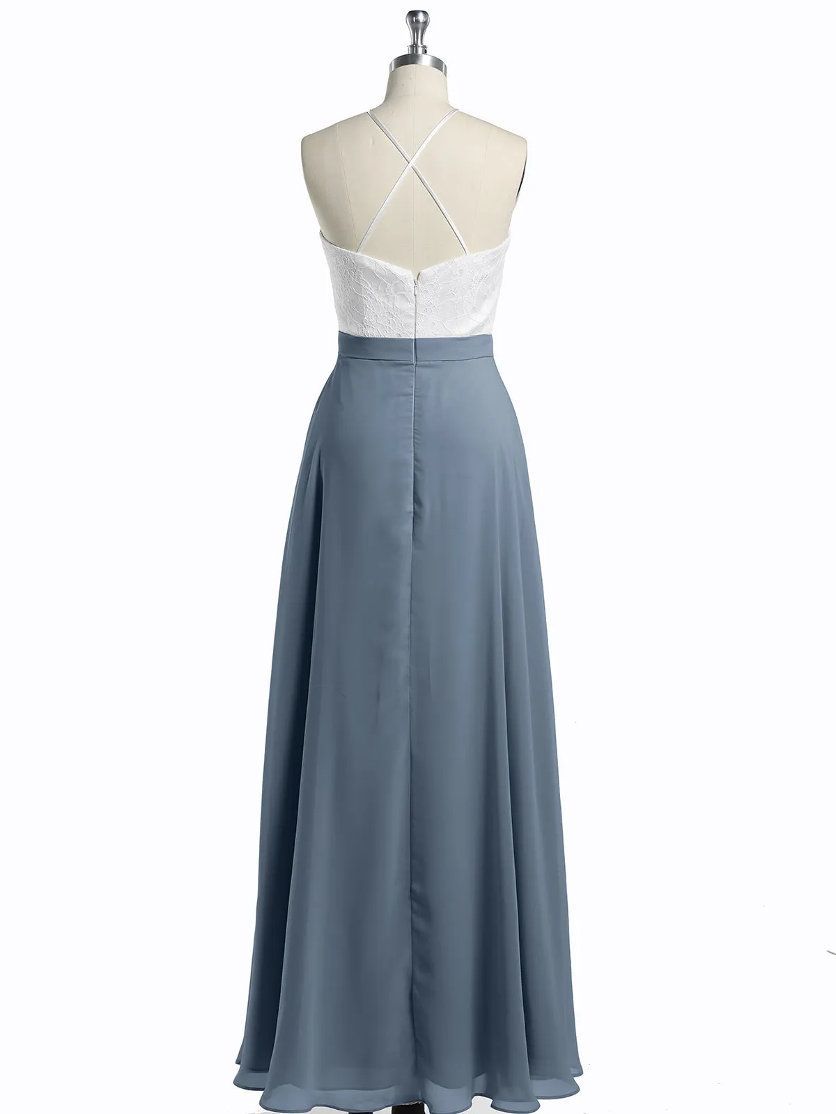 Chiffon Long Dresses with Ivory Lace Bodice-Dusty Blue