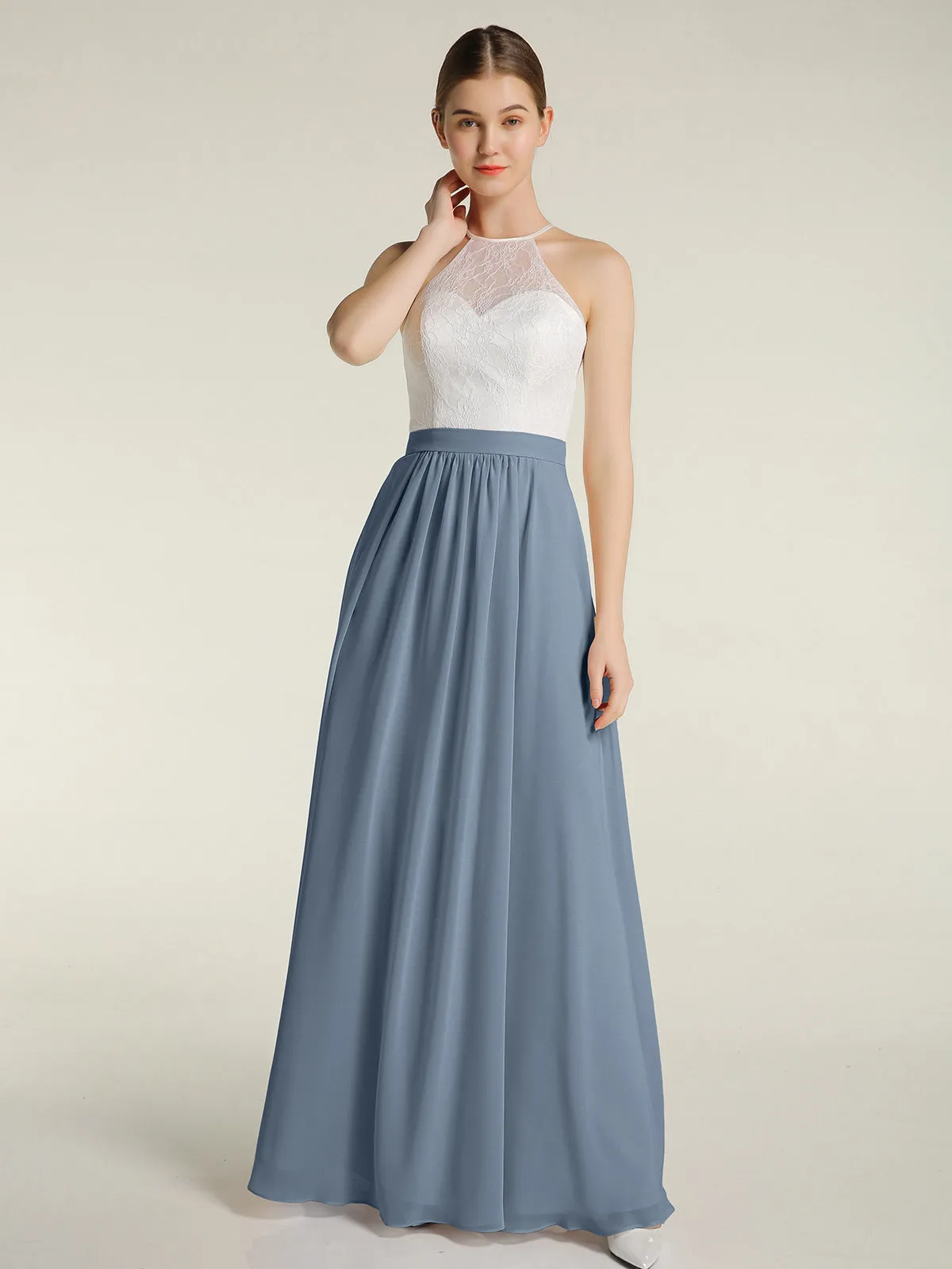 Chiffon Long Dresses with Ivory Lace Bodice-Dusty Blue