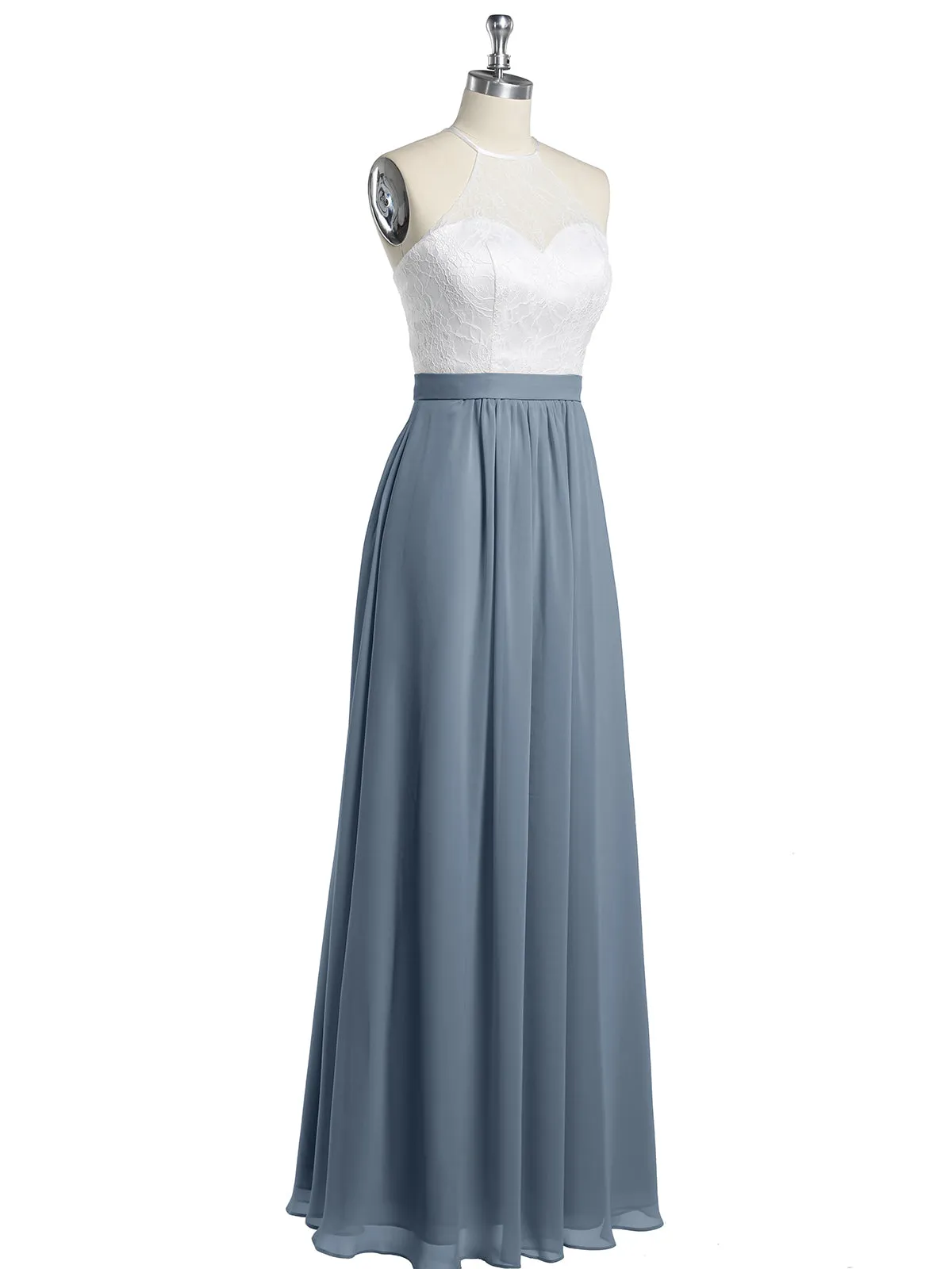 Chiffon Long Dresses with Ivory Lace Bodice-Dusty Blue