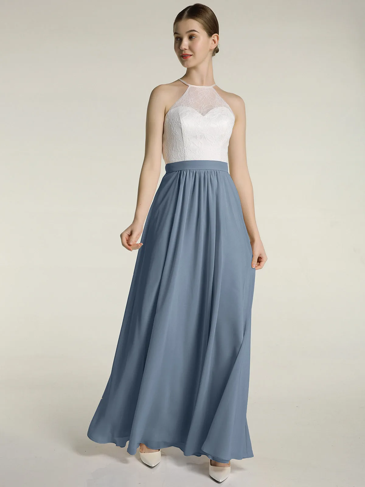 Chiffon Long Dresses with Ivory Lace Bodice-Dusty Blue