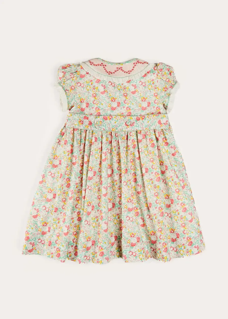 Clementine Floral Hand Smocked Double Breasted Short Sleeve Dress in Coral (12mths-10yrs)