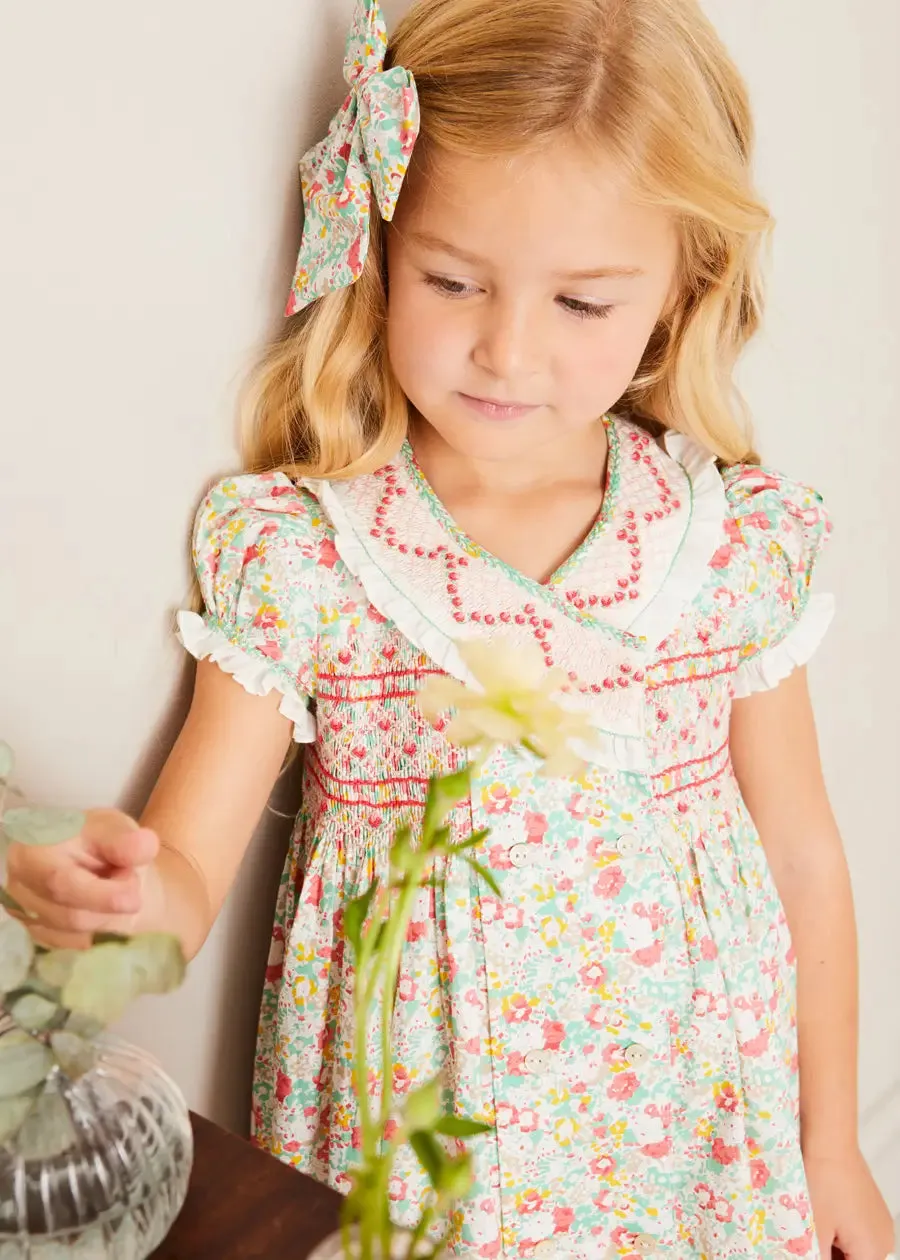 Clementine Floral Hand Smocked Double Breasted Short Sleeve Dress in Coral (12mths-10yrs)