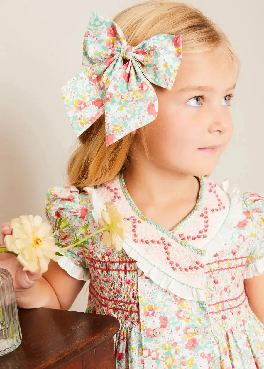 Clementine Floral Hand Smocked Double Breasted Short Sleeve Dress in Coral (12mths-10yrs)