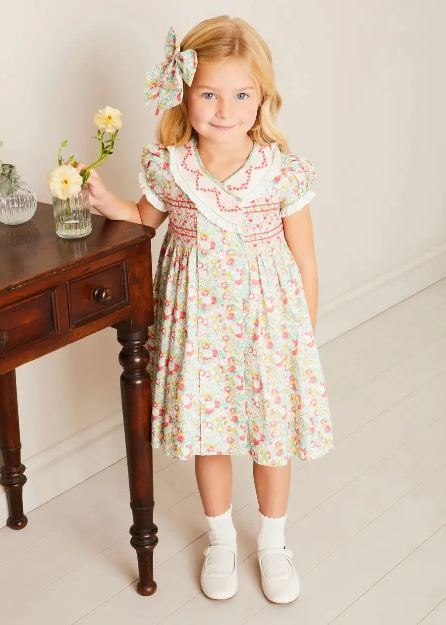 Clementine Floral Hand Smocked Double Breasted Short Sleeve Dress in Coral (12mths-10yrs)