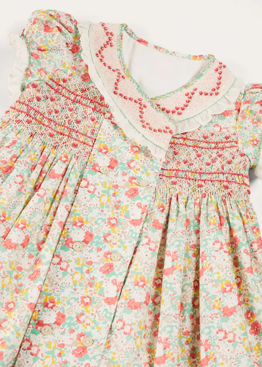 Clementine Floral Hand Smocked Double Breasted Short Sleeve Dress in Coral (12mths-10yrs)