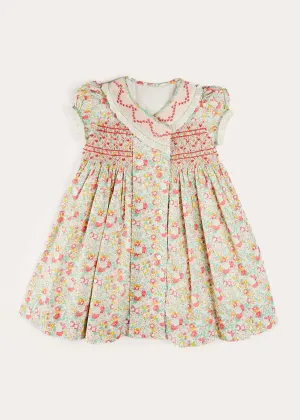 Clementine Floral Hand Smocked Double Breasted Short Sleeve Dress in Coral (12mths-10yrs)