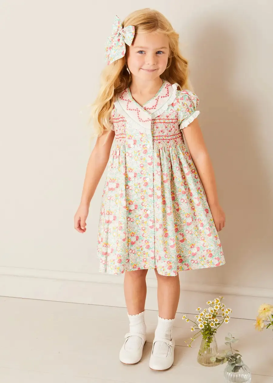 Clementine Floral Hand Smocked Double Breasted Short Sleeve Dress in Coral (12mths-10yrs)