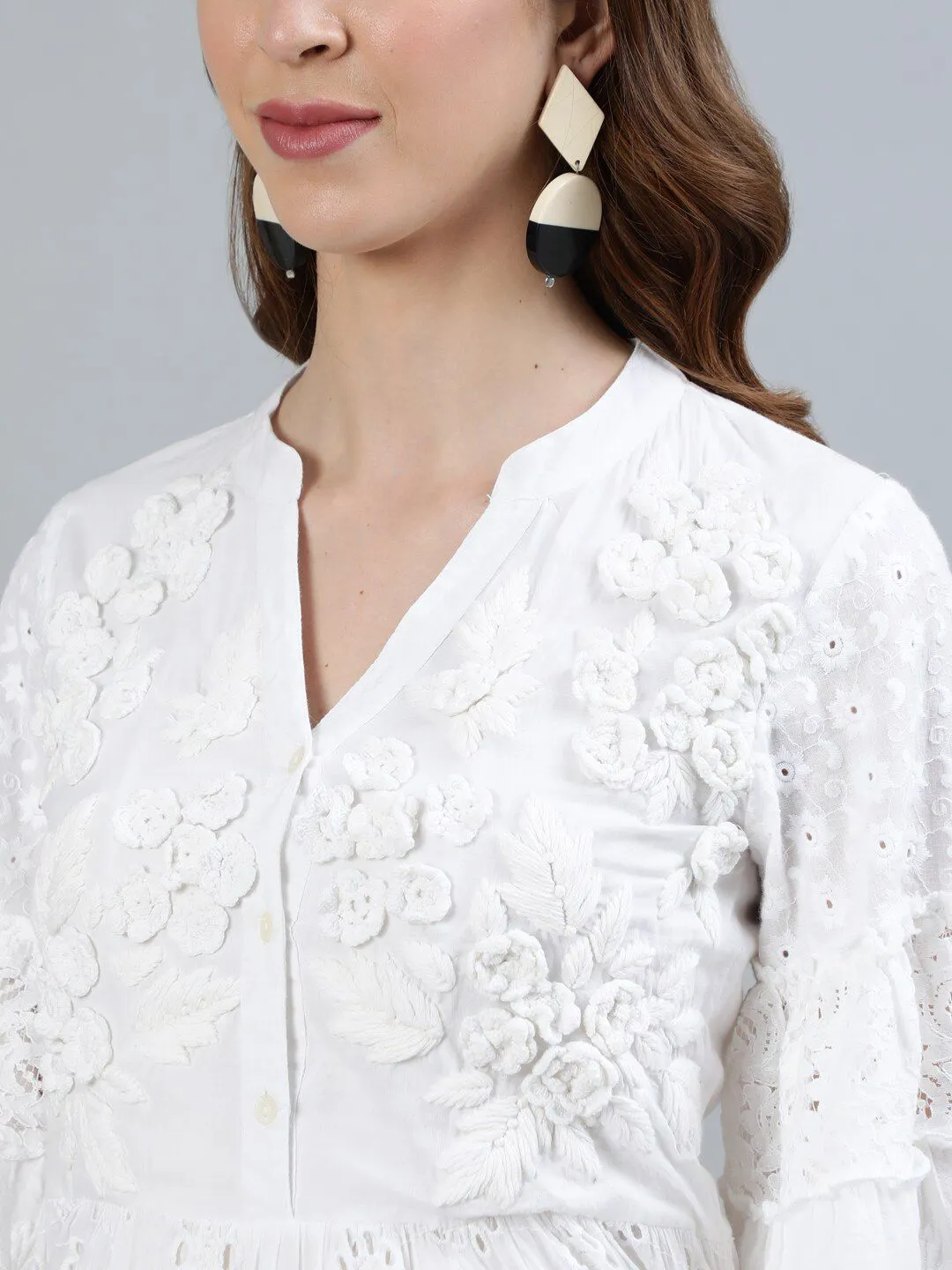 Comfy White Cotton Embellished Fit & Flare Dress With Bell Sleeves