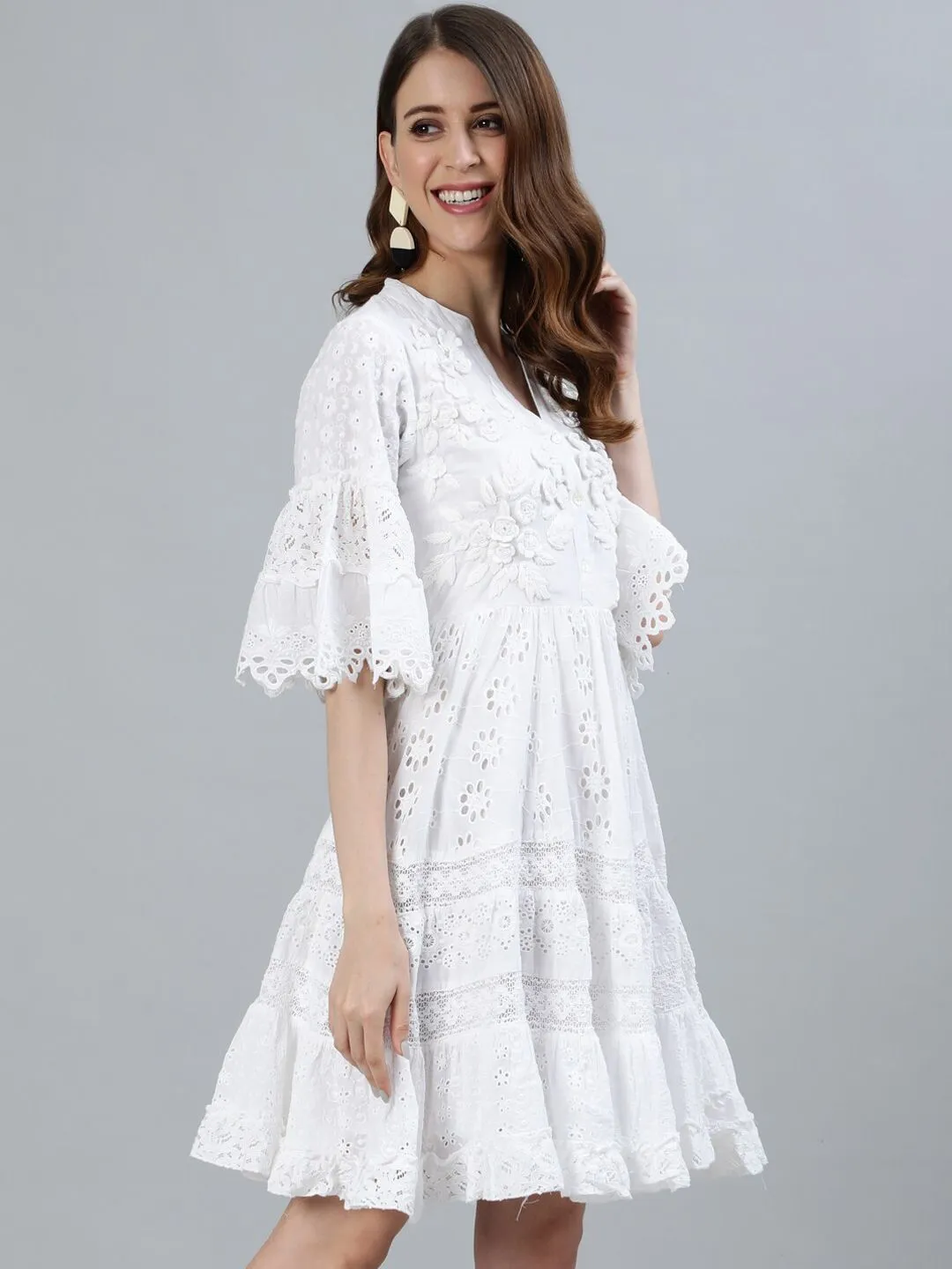 Comfy White Cotton Embellished Fit & Flare Dress With Bell Sleeves