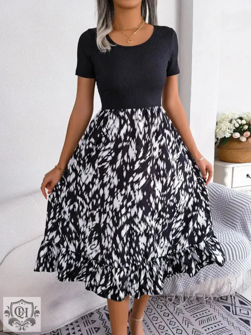 Dual Colour Print Ruffled Midi Dress