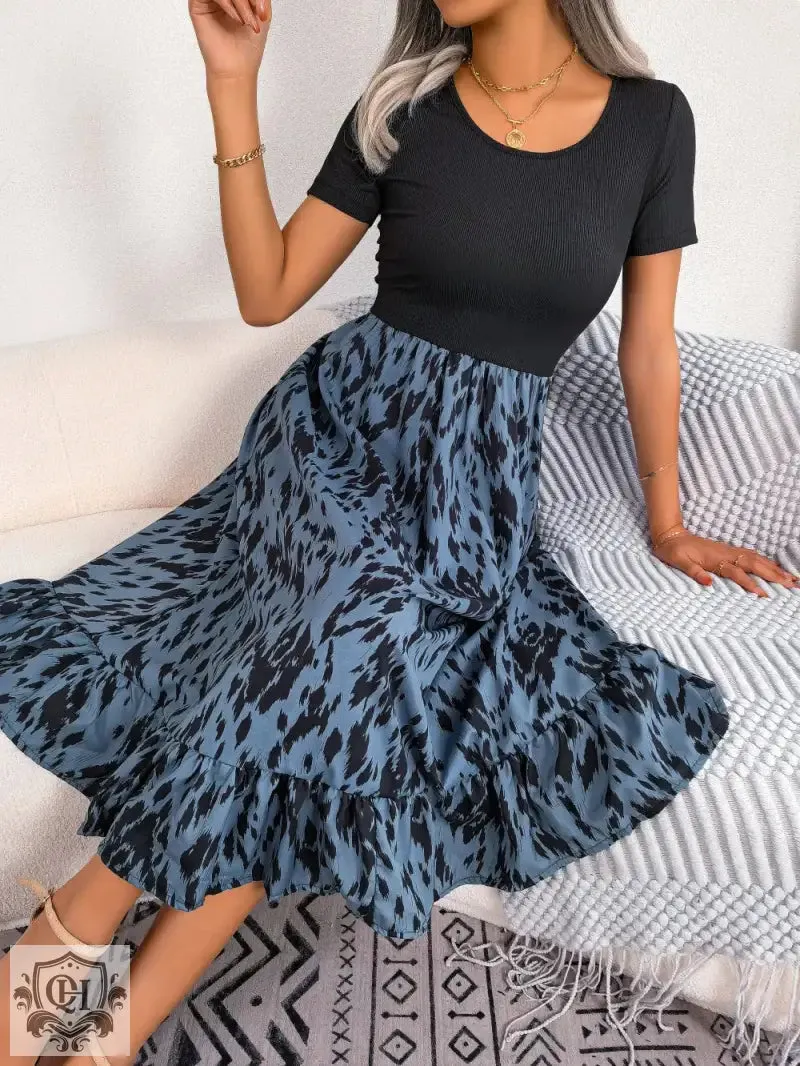 Dual Colour Print Ruffled Midi Dress