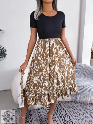 Dual Colour Print Ruffled Midi Dress