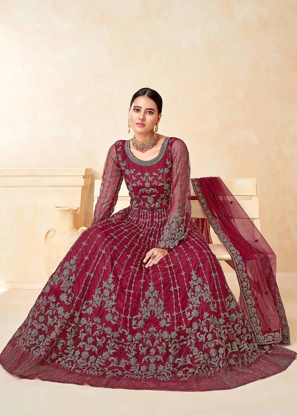 Elegant Maroon Net Wedding Wear Anarkali Dress