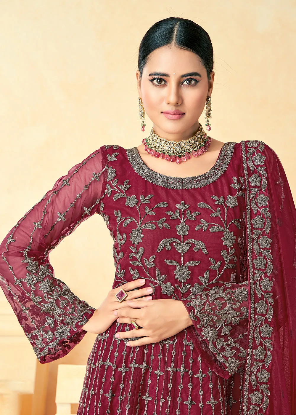 Elegant Maroon Net Wedding Wear Anarkali Dress