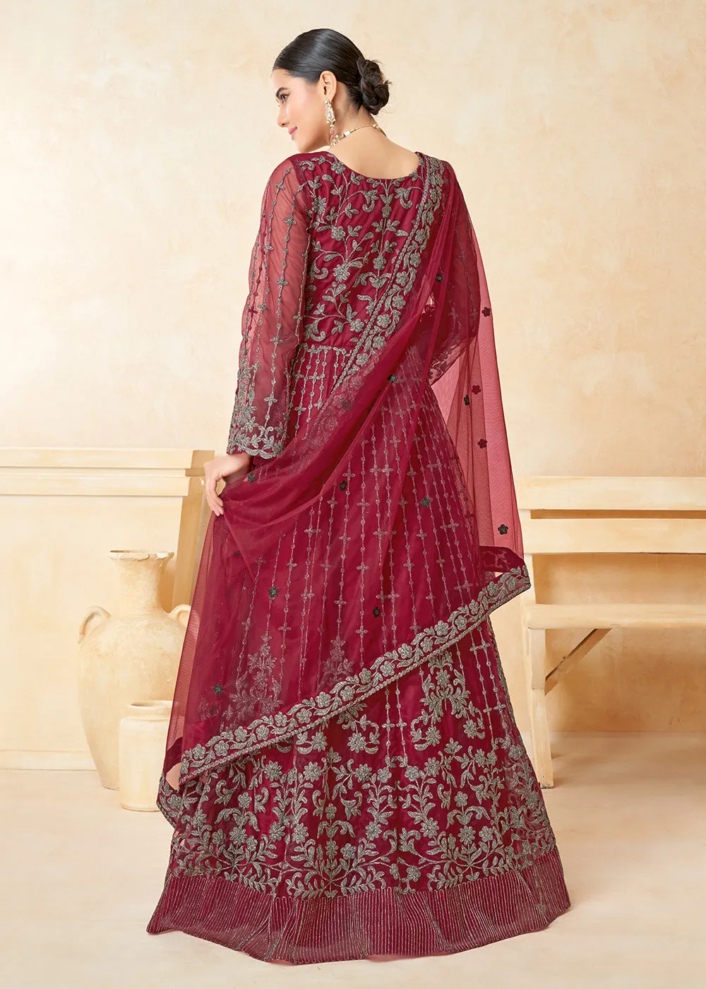 Elegant Maroon Net Wedding Wear Anarkali Dress