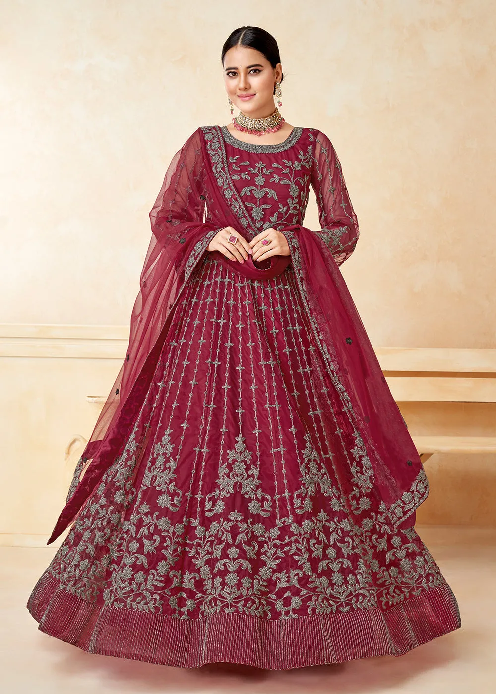 Elegant Maroon Net Wedding Wear Anarkali Dress
